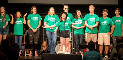 Members of the Orientation Team introduce themselves to new students and families at the Welcome Session Thursday