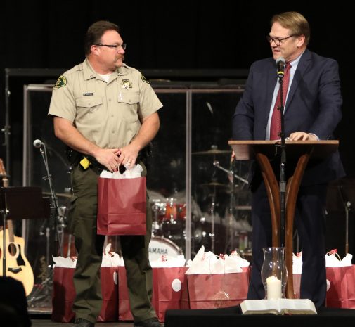 President Beebe thanks Lt. Brian Olmstead and Santa Barbara County Sheriff's Department for their service during the Thomas Fire