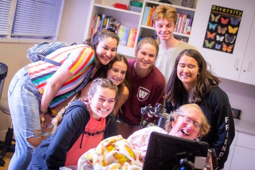 PathPoint client Jamie Burba takes a selfie with Trailhead students last summer