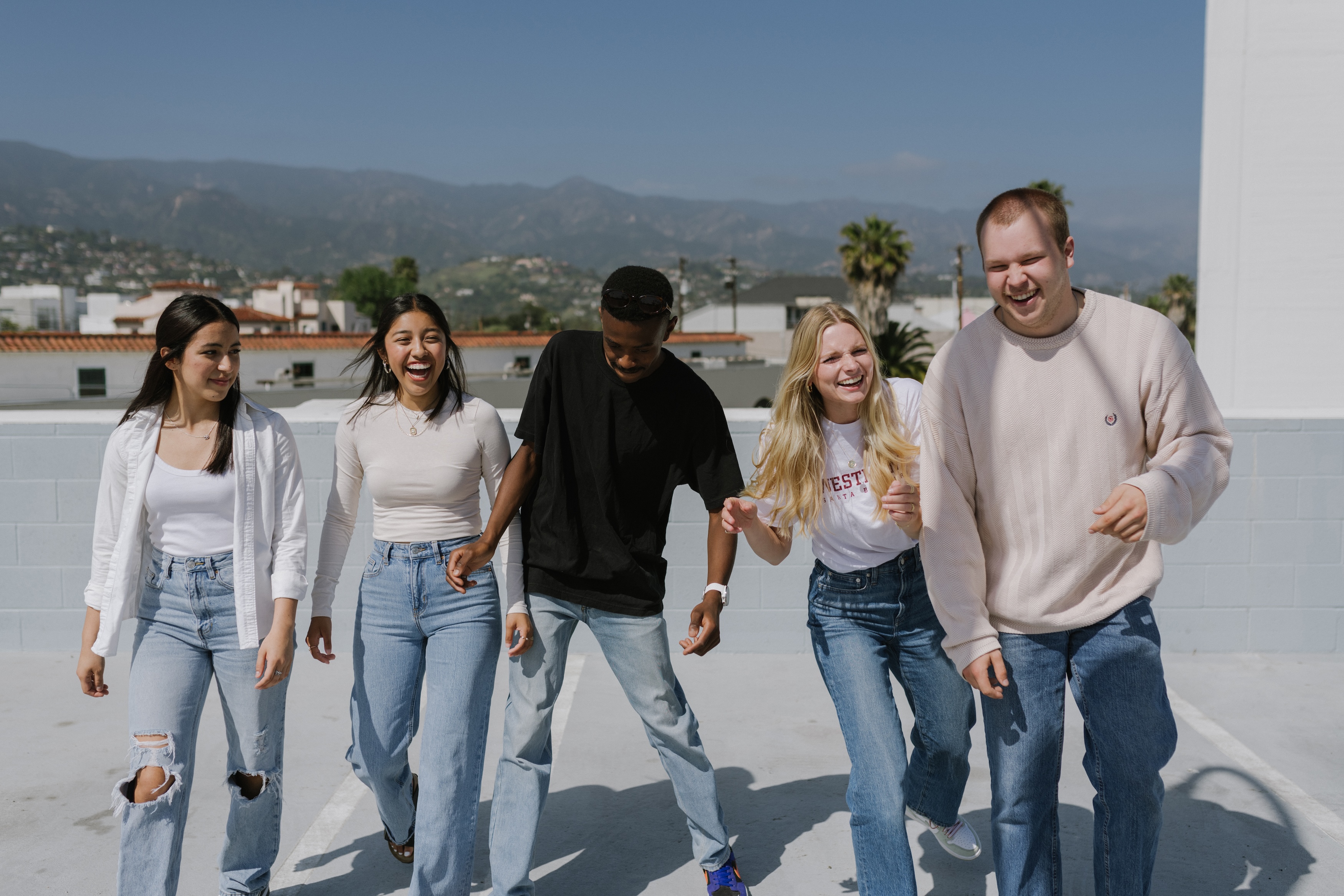 students walking and laughing